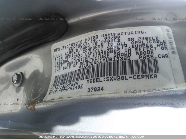 4T1BG22K1YU013385 - 2000 TOYOTA CAMRY CE/LE/XLE 灰色 照片 9