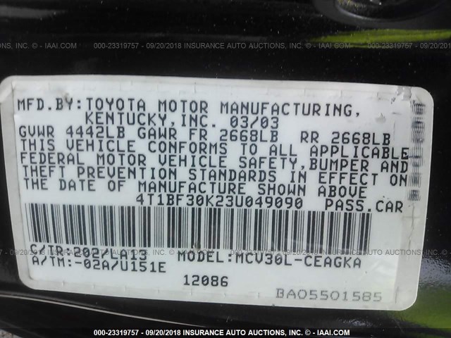 4T1BF30K23U049090 - 2003 TOYOTA CAMRY LE/XLE/SE BLACK photo 9