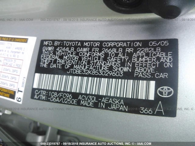 JTDBE32K853029603 - 2005 TOYOTA CAMRY LE/XLE/SE Күміс фото 9