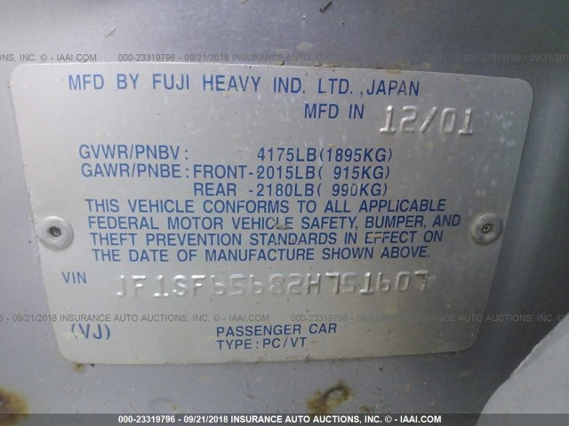 JF1SF65682H751607 - 2002 SUBARU FORESTER S SILVER photo 9
