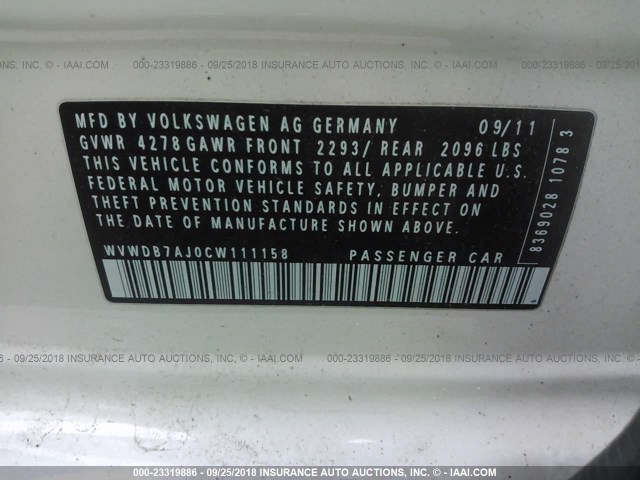 WVWDB7AJ0CW111158 - 2012 VOLKSWAGEN GOLF 白色 照片 9