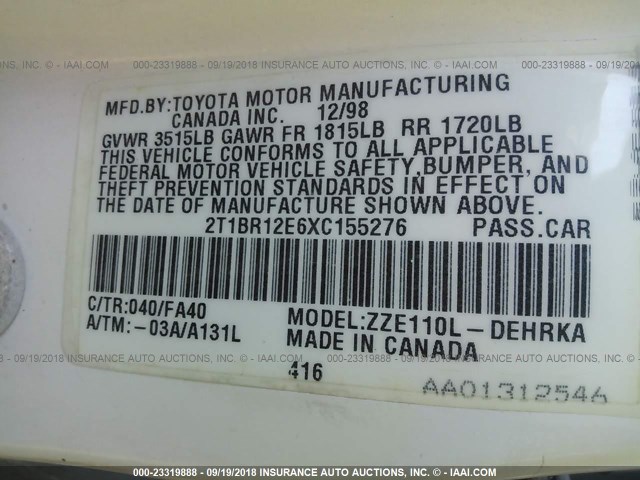 2T1BR12E6XC155276 - 1999 TOYOTA COROLLA VE/CE/LE 白色 照片 9