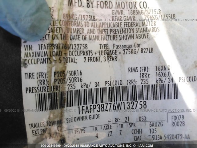 1FAFP38Z76W132758 - 2006 FORD FOCUS ZX4 ST GRAY photo 9