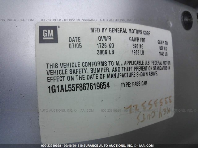 1G1AL55F867619654 - 2006 CHEVROLET COBALT LT SILVER photo 9