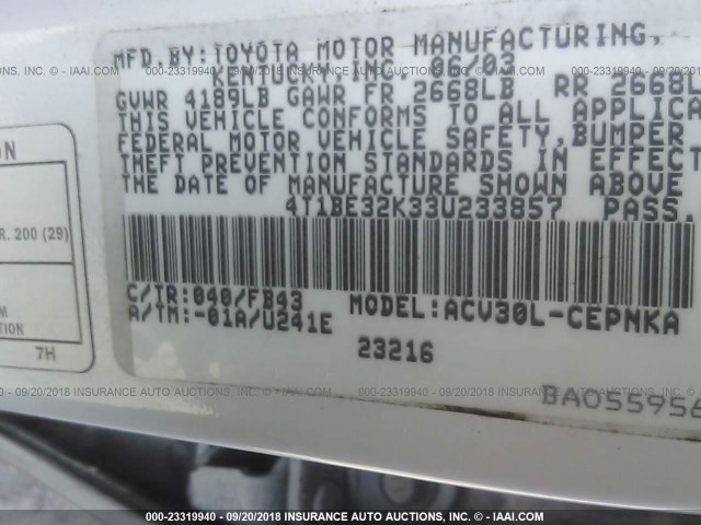 4T1BE32K33U233857 - 2003 TOYOTA CAMRY LE/XLE/SE Ağ foto 9