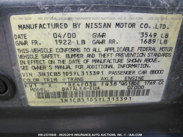 3N1CB51D5YL313391 - 2000 NISSAN SENTRA XE/GXE GRAY photo 9