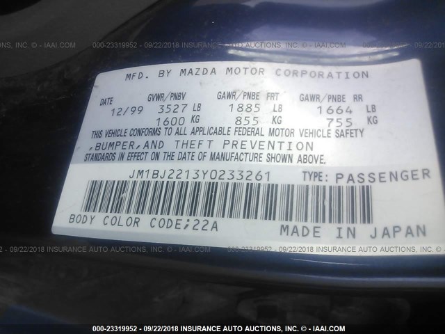 JM1BJ2213Y0233261 - 2000 MAZDA PROTEGE ES BLUE photo 9