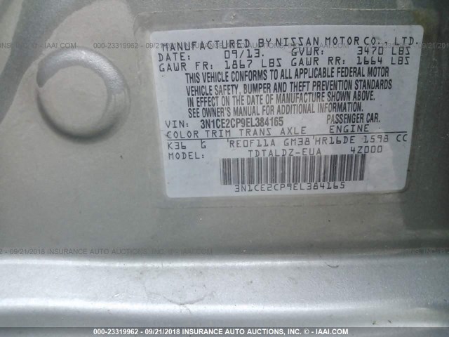 3N1CE2CP9EL384165 - 2014 NISSAN VERSA NOTE S/S PLUS/SV/SL GRAY photo 9