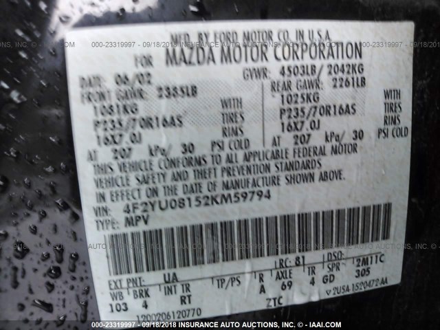 4F2YU08152KM59794 - 2002 MAZDA TRIBUTE LX/ES 黑色 照片 9