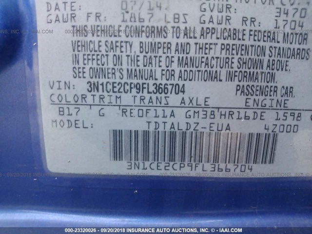 3N1CE2CP9FL366704 - 2015 NISSAN VERSA NOTE S/S PLUS/SV/SL/SR BLUE photo 9