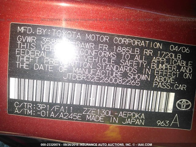 JTDBR32E260082265 - 2006 TOYOTA COROLLA CE/LE RED photo 9