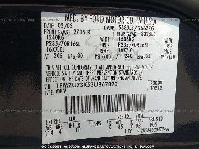 1FMZU73K53UB67898 - 2003 FORD EXPLORER XLT/XLT SPORT/NBX 黑色 照片 9