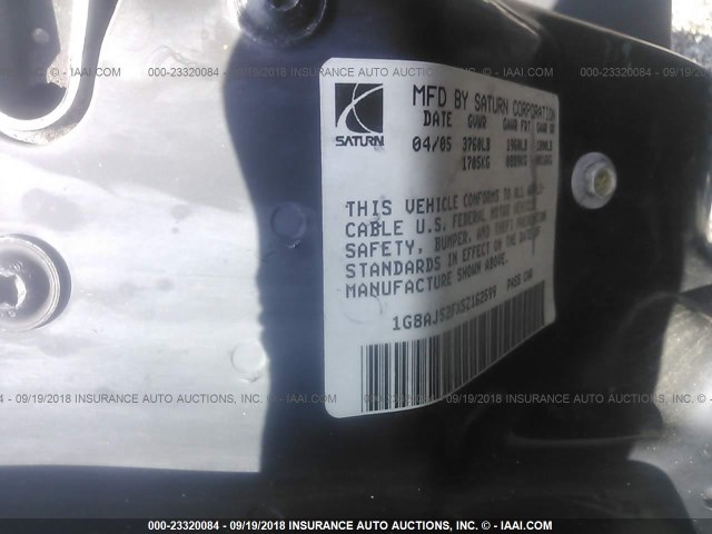 1G8AJ52FX5Z162599 - 2005 SATURN ION LEVEL 2 BLACK photo 9