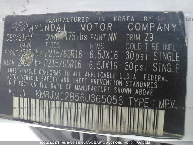 KM8JM12B56U365056 - 2006 HYUNDAI TUCSON GL WHITE photo 9