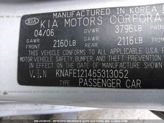 KNAFE121465313052 - 2006 KIA NEW SPECTRA LX/EX SILVER photo 9