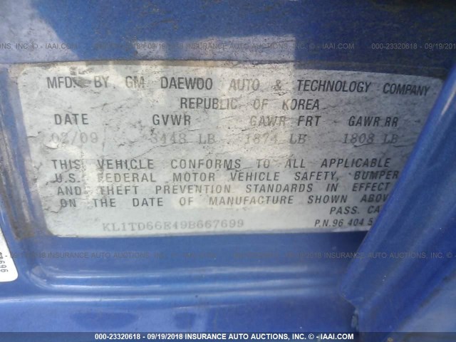 KL1TD66E49B667699 - 2009 CHEVROLET AVEO LS/LT Mavi foto 9