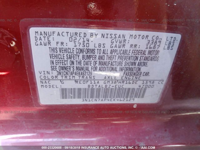 3N1CN7AP4EK462129 - 2014 NISSAN VERSA S/S PLUS/SV/SL RED photo 9