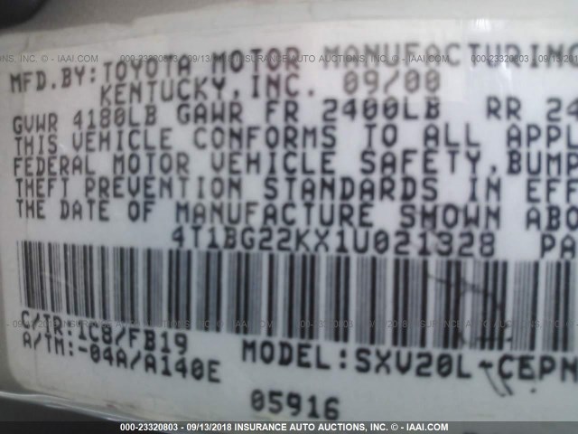 4T1BG22KX1U021328 - 2001 TOYOTA CAMRY CE/LE/XLE 银色 照片 9