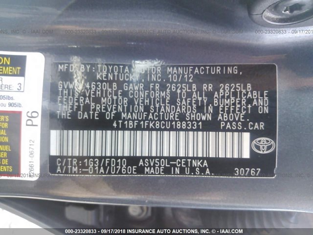 4T1BF1FK8CU188331 - 2012 TOYOTA CAMRY SE/LE/XLE GRAY photo 9
