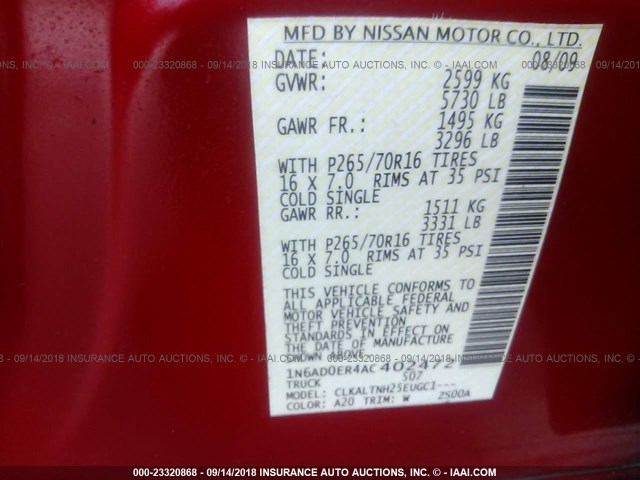 1N6AD0ER4AC402472 - 2010 NISSAN FRONTIER CREW CAB SE/LE/NISMO RED photo 9