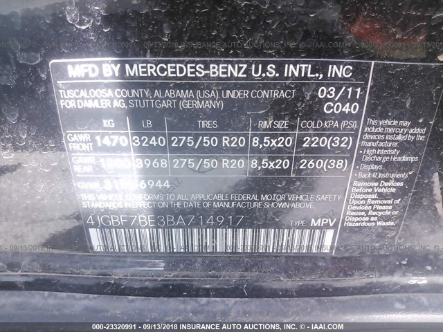 4JGBF7BE3BA714917 - 2011 MERCEDES-BENZ GL 450 4MATIC BLACK photo 9