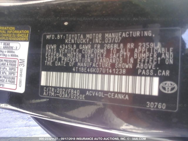 4T1BE46K07U141238 - 2007 TOYOTA CAMRY NEW GENERAT CE/LE/XLE/SE BLACK photo 9