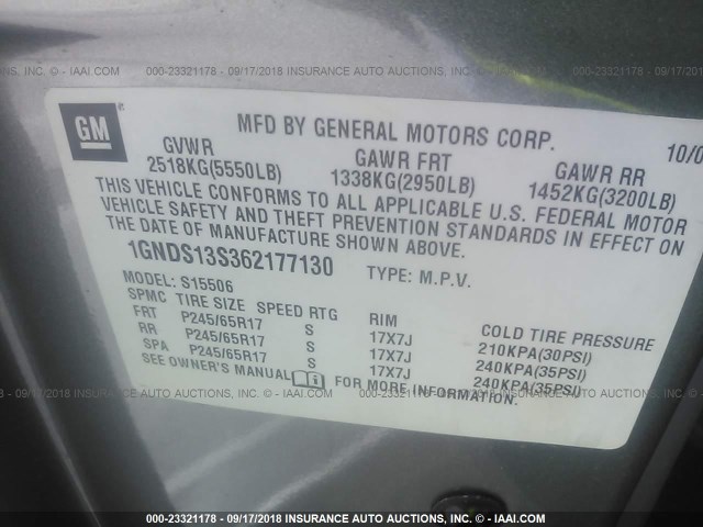 1GNDS13S362177130 - 2006 CHEVROLET TRAILBLAZER LS/LT GRAY photo 9