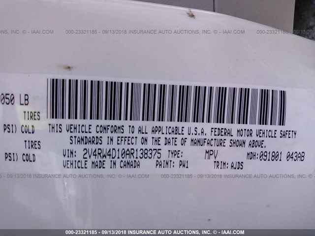 2V4RW4D10AR138375 - 2010 VOLKSWAGEN ROUTAN S WHITE photo 9