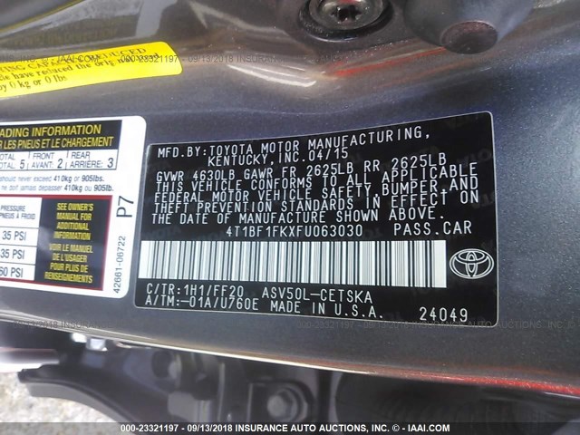 4T1BF1FKXFU063030 - 2015 TOYOTA CAMRY LE/XLE/SE/XSE GRAY photo 9