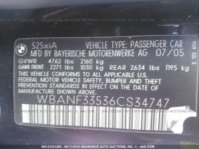 WBANF33536CS34747 - 2006 BMW 525 XI 黑色 照片 9