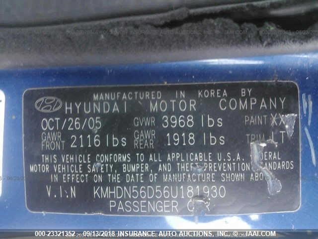 KMHDN56D56U181930 - 2006 HYUNDAI ELANTRA GLS/GT/LIMITED BLUE photo 9