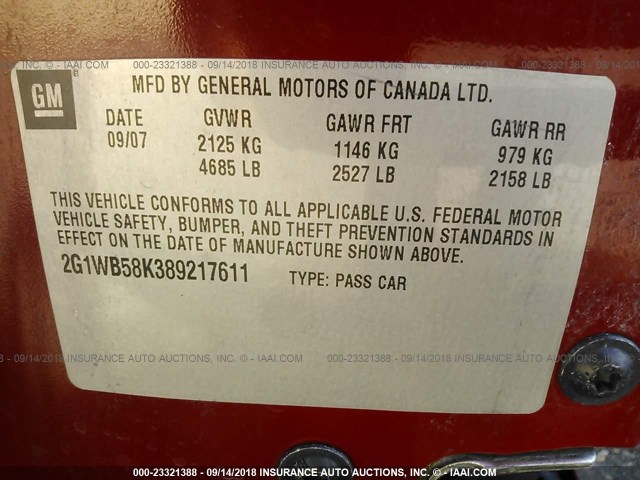 2G1WB58K389217611 - 2008 CHEVROLET IMPALA LS RED photo 9