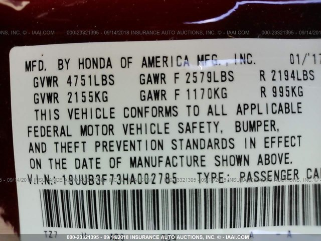 19UUB3F73HA002785 - 2017 ACURA TLX ADVANCE RED photo 9