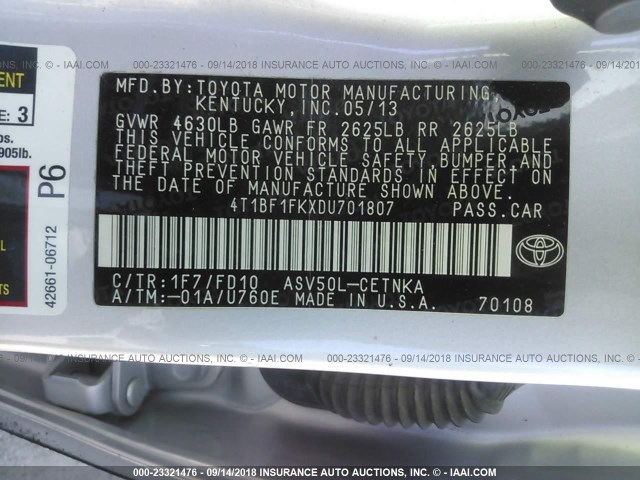 4T1BF1FKXDU701807 - 2013 TOYOTA CAMRY L/SE/LE/XLE Gümüş foto 9