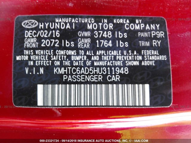 KMHTC6AD5HU311948 - 2017 HYUNDAI VELOSTER RED photo 9