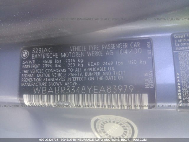 WBABR3348YEA83979 - 2000 BMW 323 CI GRAY photo 9