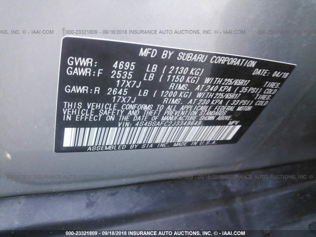 4S4BSAFC2J3349649 - 2018 SUBARU OUTBACK 2.5I PREMIUM 蓝色 照片 9