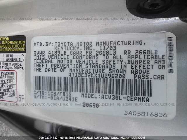 4T1BE32KX4U296200 - 2004 TOYOTA CAMRY LE/XLE/SE 棕色 照片 9