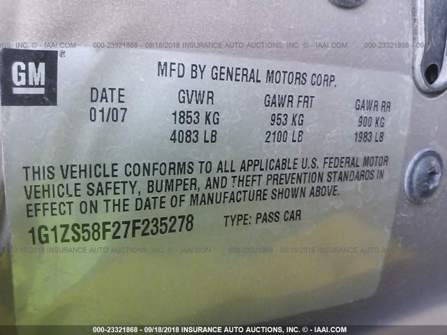1G1ZS58F27F235278 - 2007 CHEVROLET MALIBU LS TAN photo 9