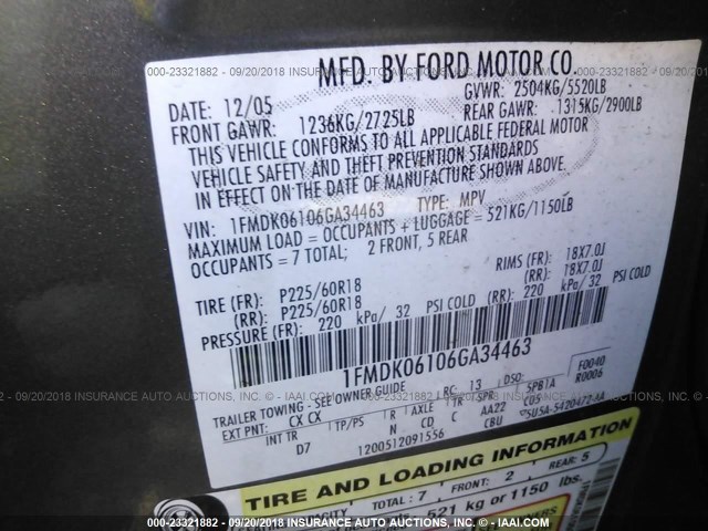 1FMDK06106GA34463 - 2006 FORD FREESTYLE LIMITED GRAY photo 9