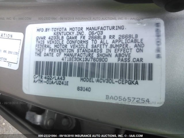 4T1BE30K13U760900 - 2003 TOYOTA CAMRY LE/XLE/SE GOLD photo 9