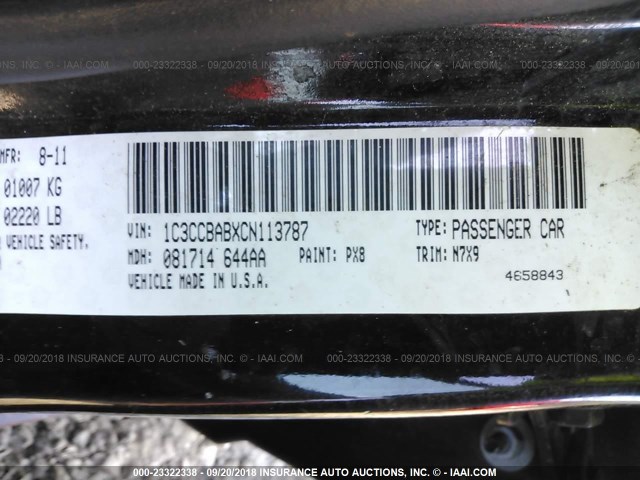 1C3CCBABXCN113787 - 2012 CHRYSLER 200 LX BLACK photo 9