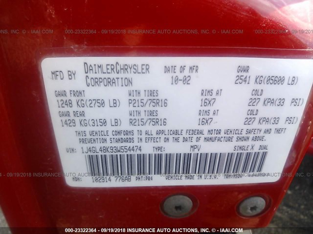 1J4GL48K93W554474 - 2003 JEEP LIBERTY SPORT/FREEDOM წითელი ფოტო 9