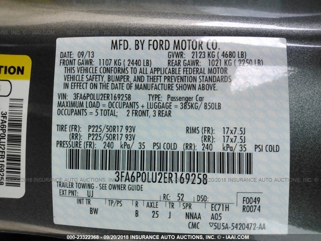 3FA6P0LU2ER169258 - 2014 FORD FUSION SE HYBRID GRAY photo 9