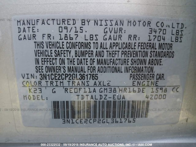 3N1CE2CP2GL361765 - 2016 NISSAN VERSA NOTE S/S PLUS/SV/SL/SR SILVER photo 9