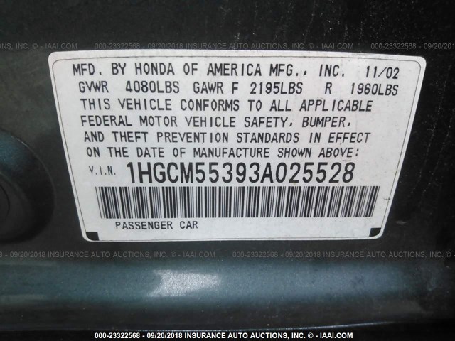 1HGCM55393A025528 - 2003 HONDA ACCORD LX GREEN photo 9