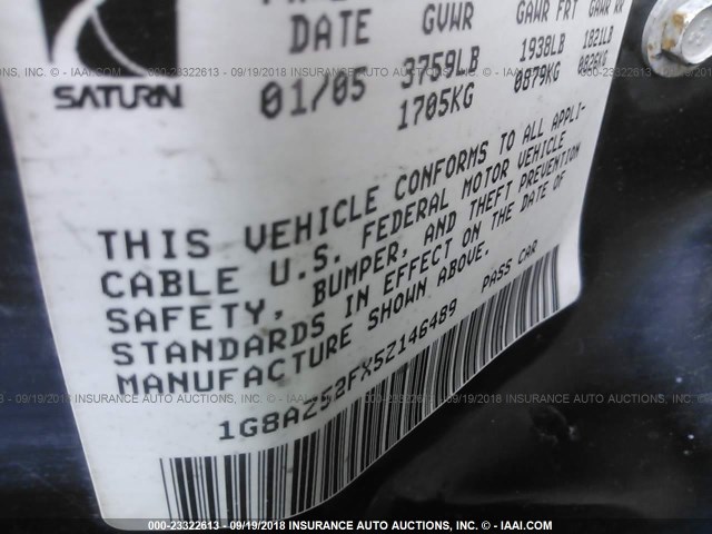 1G8AZ52FX5Z146489 - 2005 SATURN ION LEVEL 2 黑色 照片 9
