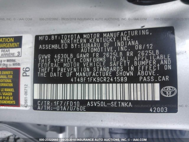 4T4BF1FK9CR241589 - 2012 TOYOTA CAMRY SE/LE/XLE 银色 照片 9