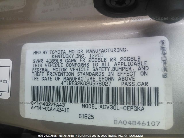 4T1BE32K02U536027 - 2002 TOYOTA CAMRY LE/XLE/SE GOLD photo 9