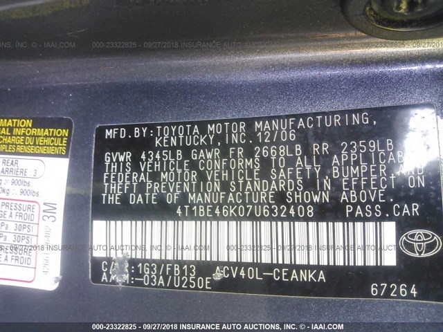 4T1BE46K07U632408 - 2007 TOYOTA CAMRY NEW GENERAT CE/LE/XLE/SE GRAY photo 9